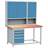Banc de lucru atelier profesional Lxl 1500x750 mm Kovos, 1 dulapior cu 4 sertare sub blat, 2 dulapioare metalice organizator suprapuse pe blat, blat de lucru decor fag - Kovos Verneřice