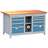 Banc de lucru atelier profesional Lxl 1500x750 mm Kovos, 2 dulapioare cu cate 4 respectiv 5 sertare sub blat, 1 dulapior ingust cu polita si fara usa sub blat, blat de lucru decor fag - Kovos Verneřice - imagine3