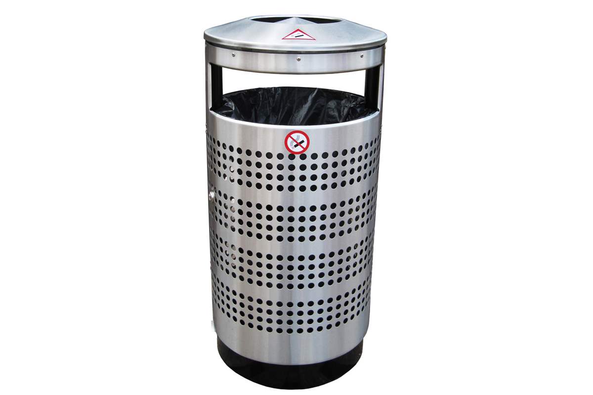 Abfalleimer aus Edelstahl mit Aschenbecher und verzinktem  70-Liter-Innenbehälter, perforiert - EMPORO