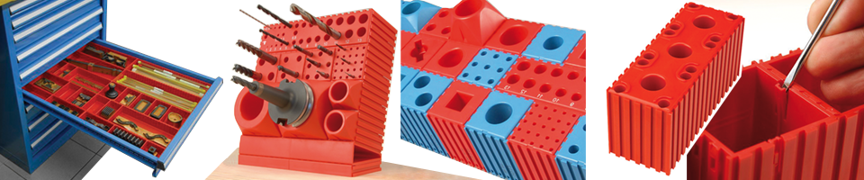 Modré a červené CNC boxy pro uložení nářadí v dílenské zásuvce, na stěně nebo položený na Vaší pracovní ploše.