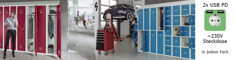 Abbildung Ladeschränke mit Steckdosen und USB-Ladeanschlüssen in Praxis-, Büro- und Industrieanlagen, und Detail einer 230-V-Steckdose