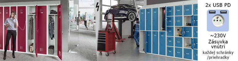 Obrázok šatňových skríň so zásuvkou a USB porty na nabíjanie v praxi, kancelária, autoservis a iné prevádzky