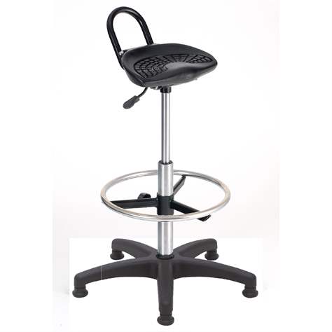 Taburet de lucru atelier productie ergonomic rotativ pentru industrie VARIANT, șezut din poliuretan negru, inel de sprijin pentru picioare.