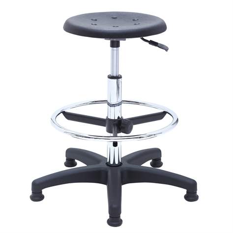 Taburet de lucru atelier productie ergonomic rotativ pentru industrie înalt POLO cu glisoare și inel de sprijin pentru picioare, șezut din poliuretan, negru