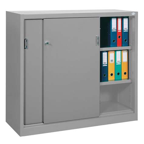 Dulap metalic cu polițe și uși glisante, HxLxl: 1040x1000x435 mm, culoare gri deschis RAL 7035 - Malow