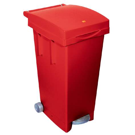 Koš plastový na tříděný odpad, objem 80 l, s pedálem, nádoba i víko v barvě červené
