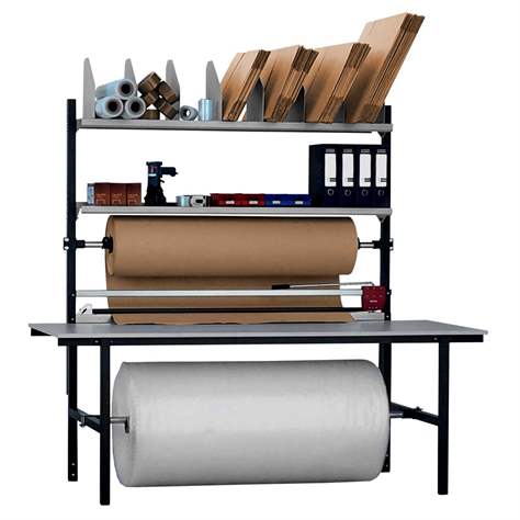 Packtisch mit Ablagebord und Schneidgerät, Tischbreite 1425 mm, Höhe 850 mm