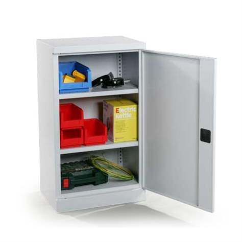 Dulap metalic cu polite si 1 ușa batanta birou arhiva atelier HxLxl 1040 x 600 x 435 mm cap. port. 40 kg, gri RAL7035 - Malow