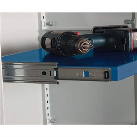 Poliță extractibilă, pas ajustare pe înaltime de 25 mm, l.x adân.: 1200 x 370 x 28 mm, albastru RAL5010 - Malow