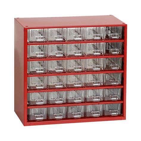 Ukládací skříňka se zásuvkami 306 x 155 x 282 mm, červená, 30 zásuvek