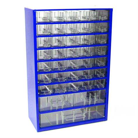 Ukládací skříňka se zásuvkami 306 x 155 x 460 mm, modrá, 38 zásuvek