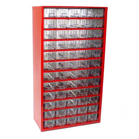 Ukládací skříňka se zásuvkami 306 x 155 x 551 mm, červená, 60 zásuvek