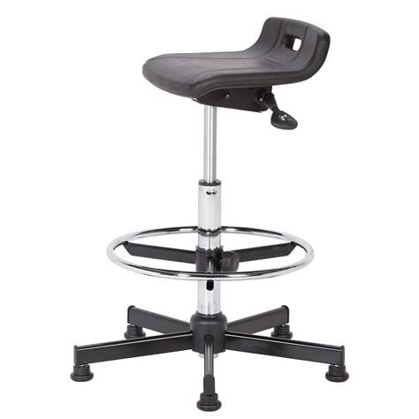 Taburet de lucru atelier productie ergonomic rotativ pentru industrie TECHNO cu șezut înclinat și inel de sprijin pentru picioare, șezut din poliuretan neagru