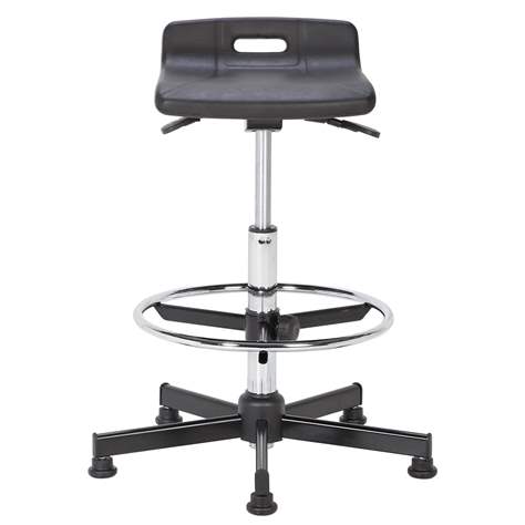 Taburet de lucru atelier productie ergonomic rotativ pentru industrie TECHNO cu șezut înclinat și inel de sprijin pentru picioare, șezut din poliuretan neagru - imagine2