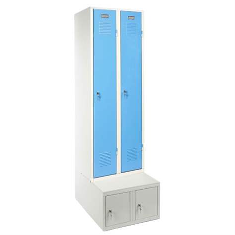 Dulap metalic pentru vestiar, sudat, 2 x 300 mm, uși albastre RAL5012, soclu tip cutie de depozitare - Kovos Verneřice