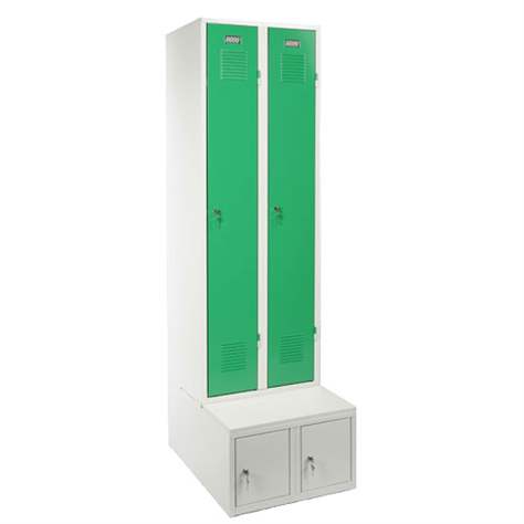 Dulap metalic pentru vestiar, sudat, 2 x 300 mm, uși verzi RAL6024, soclu tip cutie de depozitare - Kovos Verneřice