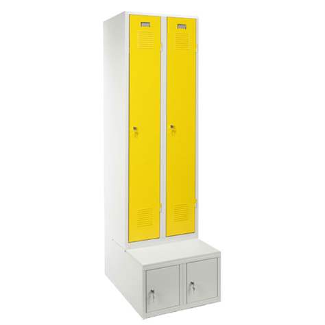 Dulap metalic pentru vestiar, sudat, 2 x 300 mm, uși galbene RAL1023, soclu tip cutie de depozitare - Kovos Verneřice