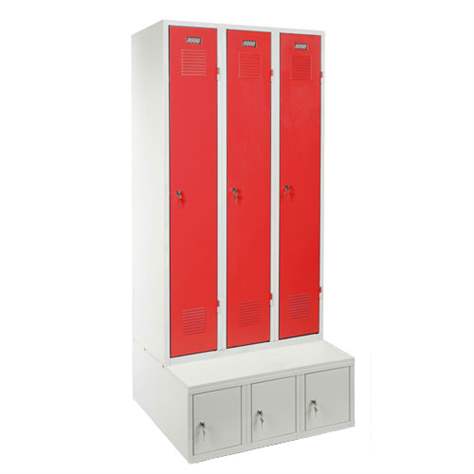 Svařovaná šatní skříň 3 x 300 mm na podstavci se 3 úložnými boxy, barva červená RAL3000 - Kovos Verneřice