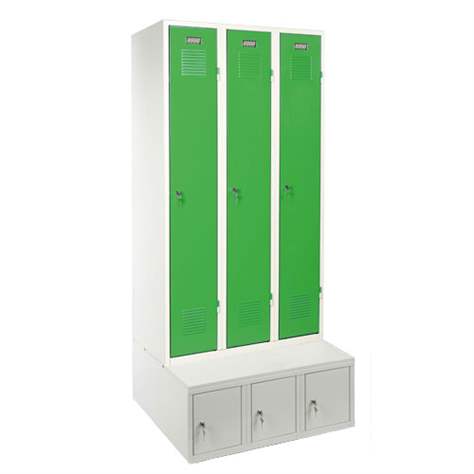Garderobenschrank, geschweißt, 3 x 300 mm, Türfarbe grün RAL6024, mit Aufbewahrungsbox - Kovos Verneřice