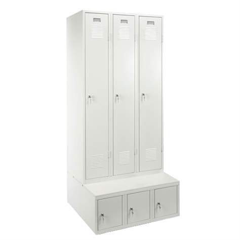 Garderobenschrank, geschweißt, 3 x 300 mm, Türfarbe grau RAL7035, mit Aufbewahrungsbox - Kovos Verneřice