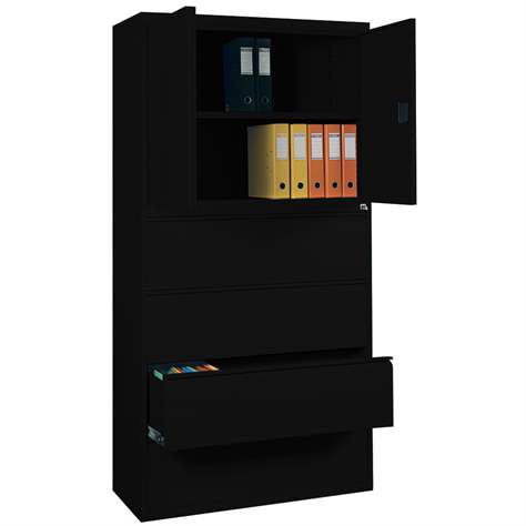 Stahl-Fachbodenschrank mit Registratur, 4 Schubladen + Schrank 714 mm, Farbe schwarz RAL9005 - Malow