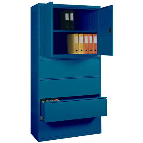 Stahl-Fachbodenschrank mit Registratur, 4 Schubladen + Schrank 714 mm, Farbe blau RAL5010 - Malow