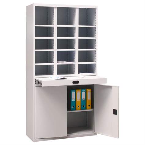 Stahlschrank mit 15 Kleinfächer und Türschrank, HxBxT: 1990 x 1000 x 435 mm, Lichtgrau RAL7035 - Malow