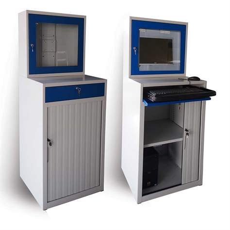 Dulap PC cu ușă tip rulou, pentru monitor LED/LCD, dimensiuni (H x L x l): 1750x640x630 mm, gri RAL7035/albastru RAL5010 - Malow