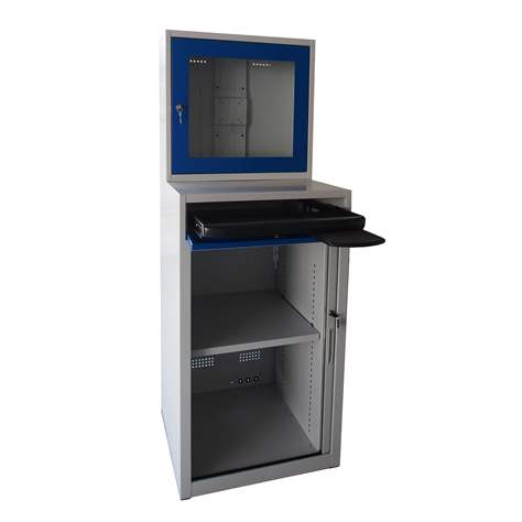 Dulap PC cu ușă tip rulou, pentru monitor LED/LCD, dimensiuni (H x L x l): 1750x640x630 mm, gri RAL7035/albastru RAL5010 - Malow - imagine4