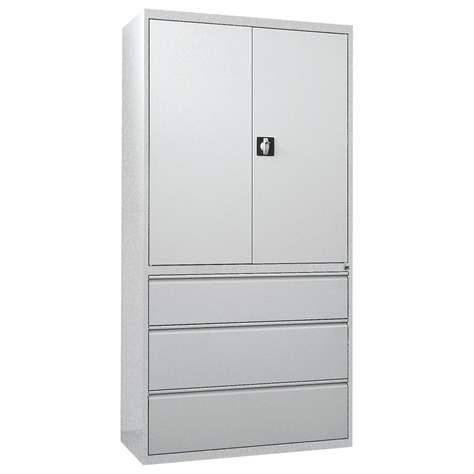 Stahl-Fachbodenschrank mit Registratur, 3 Schubladen + Schrank 1064 mm, Farbe grau RAL7035 - Malow
