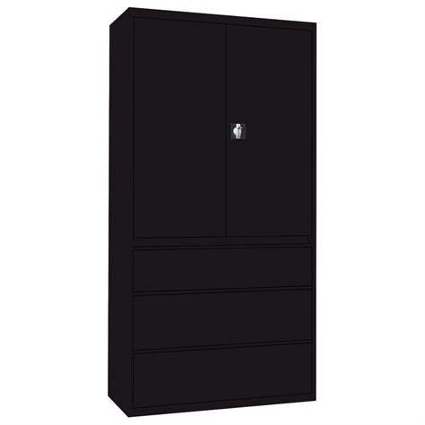 Stahl-Fachbodenschrank mit Registratur, 3 Schubladen + Schrank 1064 mm, Farbe schwarz RAL9005 - Malow