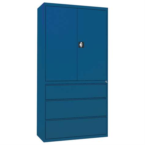 Stahl-Fachbodenschrank mit Registratur, 3 Schubladen + Schrank 1064 mm, Farbe blau RAL5010 - Malow