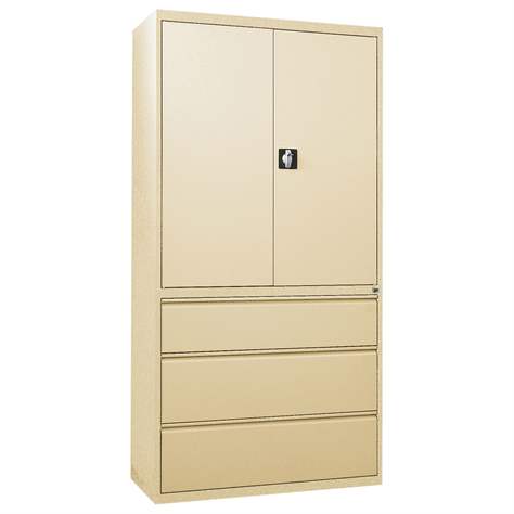 Stahl-Fachbodenschrank mit Registratur, 3 Schubladen + Schrank 1064 mm, Farbe beige RAL1015 - Malow