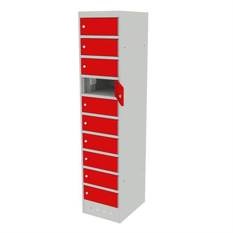 Schrank für Notebooks mit Ladung, 10 Fächer, BxTxH: 400x520x1800 mm, Gehäuse Lichtgrau RAL7035/ Türfarbe Rot RAL3020 - Malow