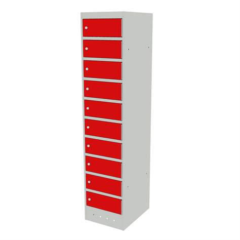 Schrank für Notebooks mit Ladung, 10 Fächer, BxTxH: 400x520x1800 mm, Gehäuse Lichtgrau RAL7035/ Türfarbe Rot RAL3020 - Malow - Bild2