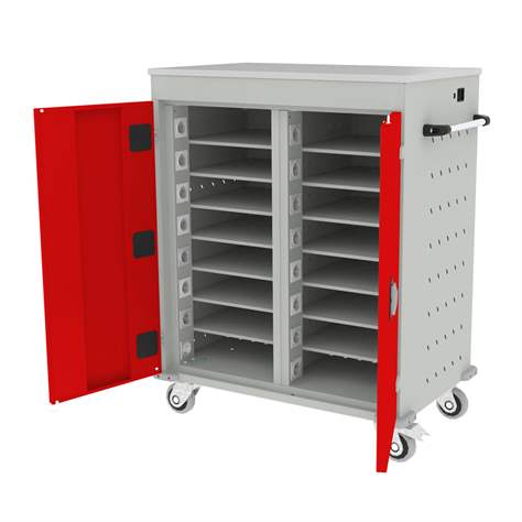 Schrank für Notebooks, mit Ladung, 16 Fächer, BxTxH: 920x540x1060 mm, Gehäuse Lichtgrau RAL7035/ Türfarbe Rot RAL3020 - Malow