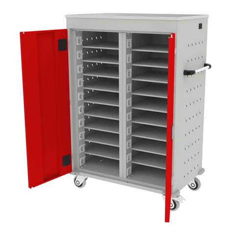 Schrank für Notebooks, mit Ladung, 20 Fächer, BxTxH: 920x540x1250 mm, Gehäuse Lichtgrau RAL7035/ Türfarbe Rot RAL3020 - Malow