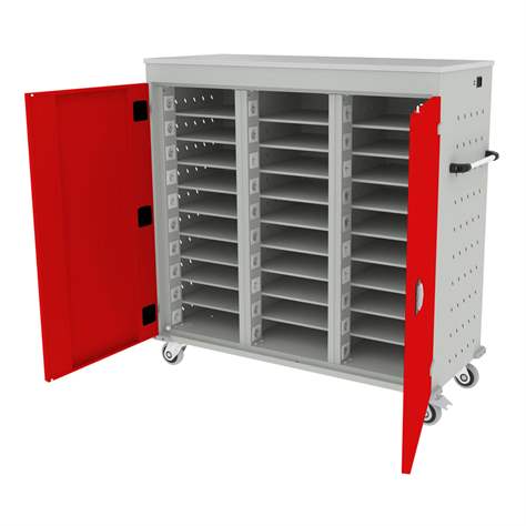 Schrank für Notebooks, mit Ladung, 30 Fächer, BxTxH: 1310x540x1250 mm, Gehäuse Lichtgrau RAL7035/ Türfarbe Rot RAL3020 - Malow