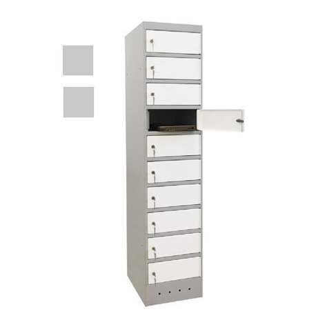 Skříň na notebooky s napájením, 10 přihrádek, š x h x v: 400x520x1800 mm, barva: korpusu šedá RAL7035/ dveří šedá RAL7035 - Malow - obrázek5