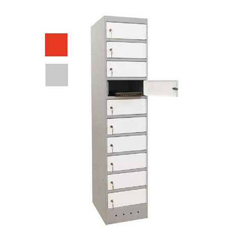 Schrank für Notebooks mit Ladung, 10 Fächer, BxTxH: 400x520x1800 mm, Gehäuse Lichtgrau RAL7035/ Türfarbe Rot RAL3020 - Malow - Bild5
