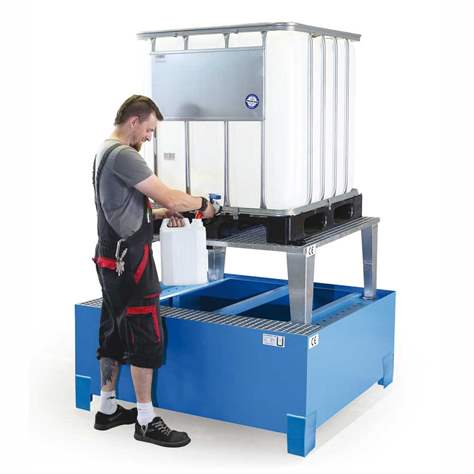 Stahl-Auffangwanne für IBC Container mit Abfüllaufsatz, mit Zulassung, Volumen 1000 l, LxBxH: 1460x1460x1083 mm