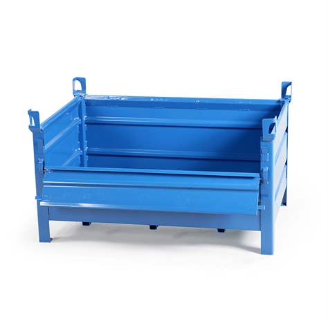 Boxcontainer - container metalic stivuibil de transport,  1200 x 800 mm, 3 pereți plini, 1 perete lateral rabatabil, albastru RAL5010