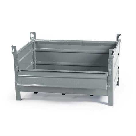 Boxcontainer - container metalic stivuibil de transport, 800 x 600 mm, 3 pereți plini, 1 perete lateral rabatabil, culoare gri RAL7005