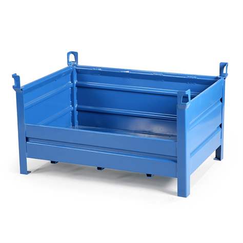 Boxcontainer - container metalic stivuibil de transport,  1200 x 800 mm, 3 pereți plini, 1 perete lateral jos, albastru RAL5010