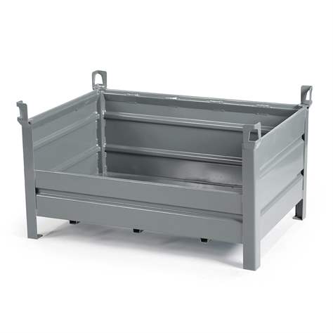 Boxcontainer - container metalic stivuibil de transport,  1200 x 800 mm, 3 pereți plini, 1 perete lateral jos, culoare gri RAL7005