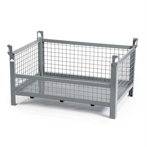 Boxcontainer - container metalic stivuibil de transport,  1200 x 800 mm, 3 pereți tip grilaj, 1 perete lateral lat jos, culoare gri RAL7005