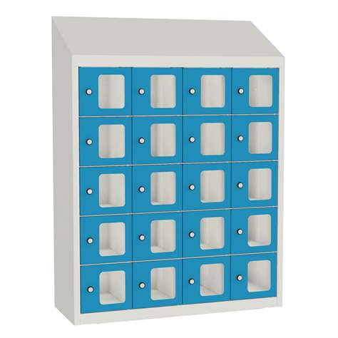 Minibox, 20 Fächer mit Sichtfenster, Gesamtmaße (HxBxT): 1090x810x300 mm, Korpusfarbe Lichtgrau RAL7035/ Türfarbe Blau RAL5012 - Malow