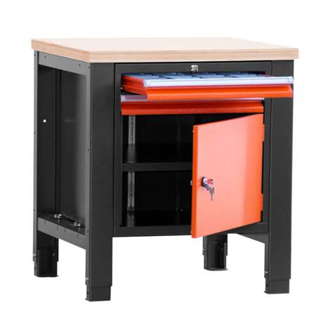 Werkstatt-Tisch TECHNO, Einzelmodul Breite 800 mm, 2 Schubladen, Schrank, Farbe anthrazit RAL7016/orange RAL2004. - Malow