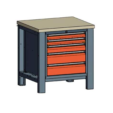 Banc masă de atelier TECHNO, modul unic lățime 800 mm, 5 sertare, culoare antracit RAL7016/portocaliu RAL2004. - Malow