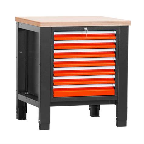 Werkstatt-Tisch TECHNO, Einzelmodul Breite 800 mm, 7 Schubladen, Farbe anthrazit RAL7016/orange RAL2004. - Malow